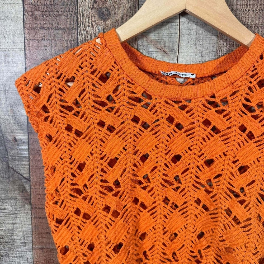Zara Orange Open Knit Crochet Crop Top Sleeveless Sweater Vest Womens Medium - Picture 3 of 7